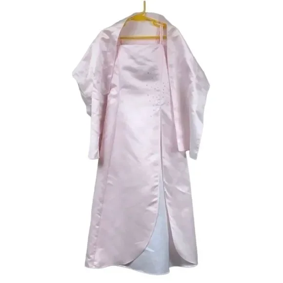 Pink Satin Flower Girl Dress Girls 8 Rhinestone Lace Up Formal Wedding Easter - Picture 3 of 12